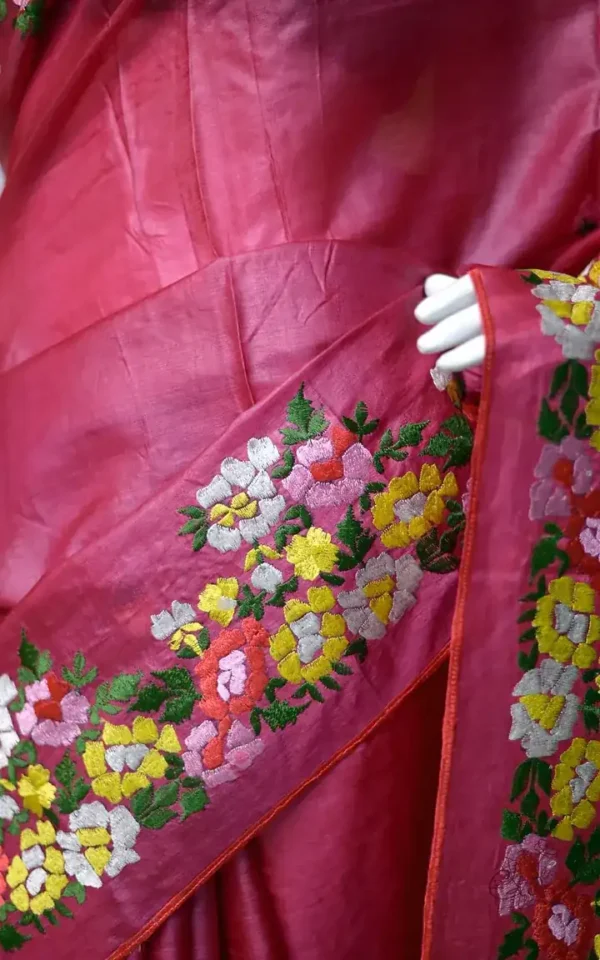Reddish Pink Embroidery Work on Tussar Silk Saree