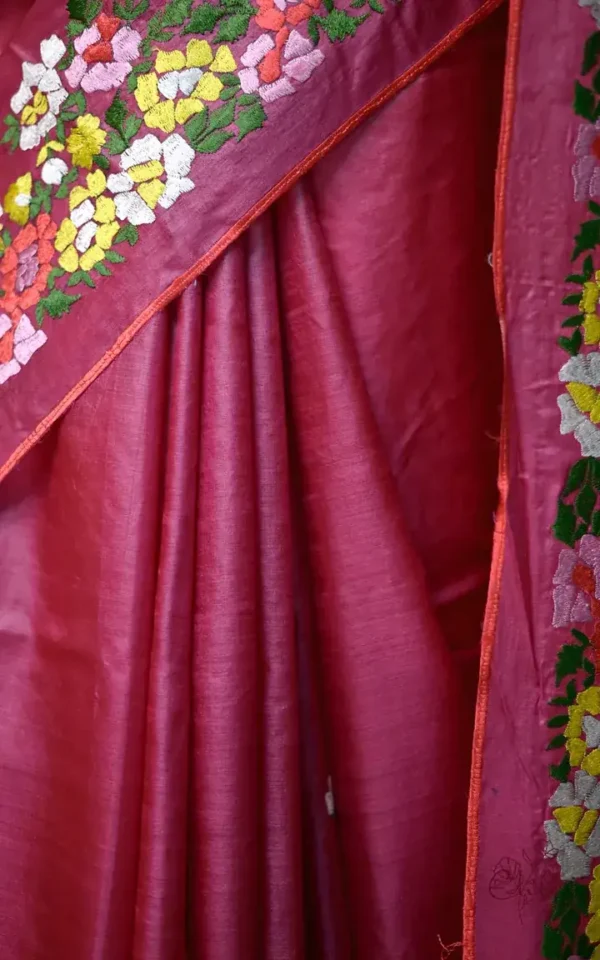 Reddish Pink Embroidery Work on Tussar Silk Saree