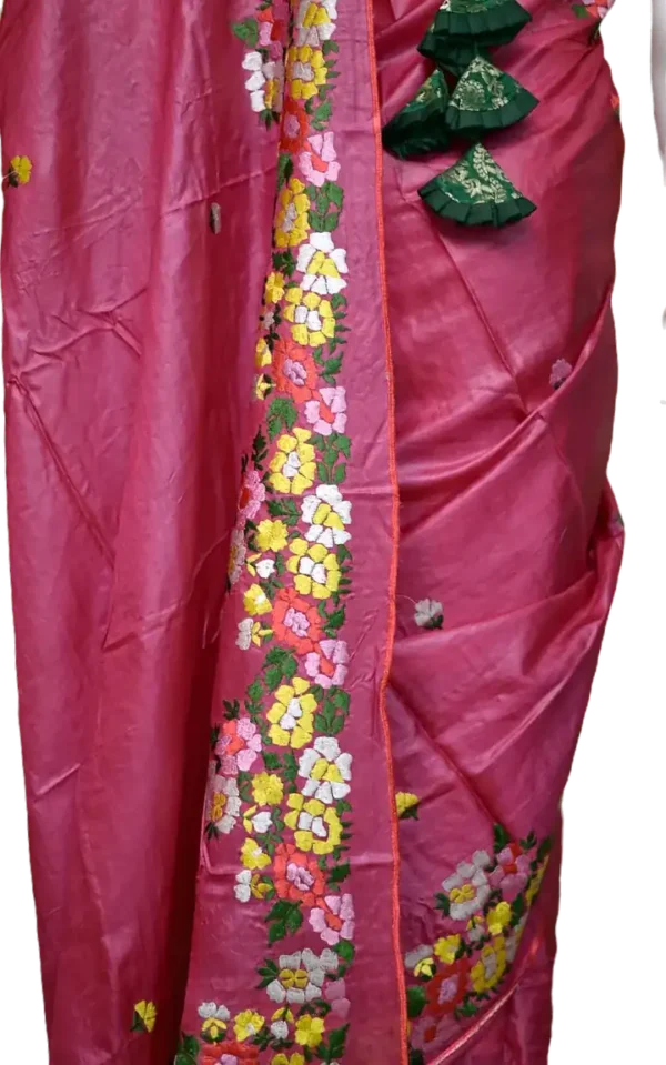 Reddish Pink Embroidery Work on Tussar Silk Saree