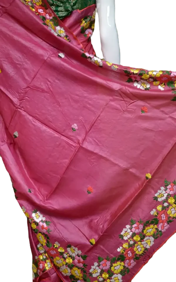 Reddish Pink Embroidery Work on Tussar Silk Saree