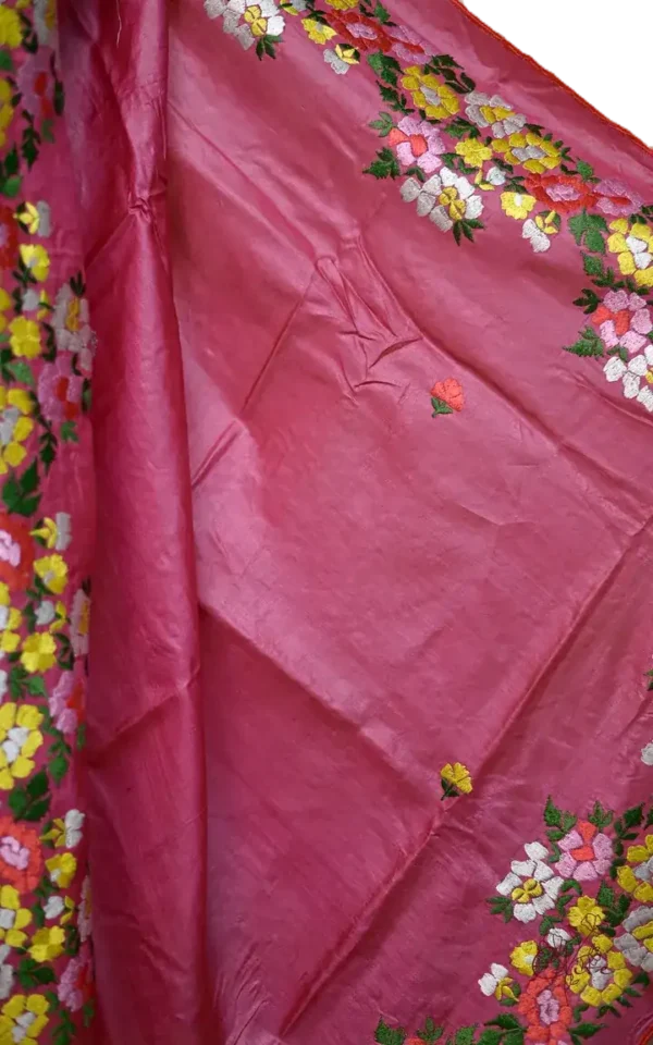 Reddish Pink Embroidery Work on Tussar Silk Saree
