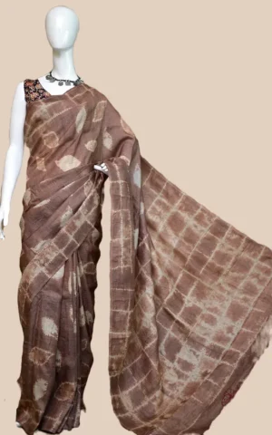 Saddle Brown Tie-Dye Shibori Print on Pure Gachi Tussar Silk Saree