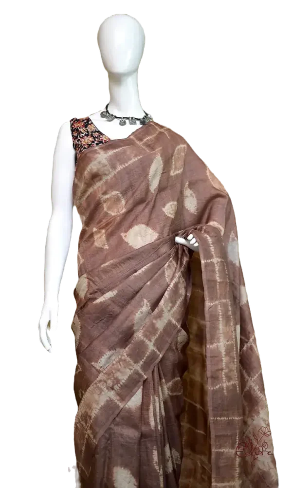 Saddle Brown Tie-Dye Shibori Print on Pure Gachi Tussar Silk Saree