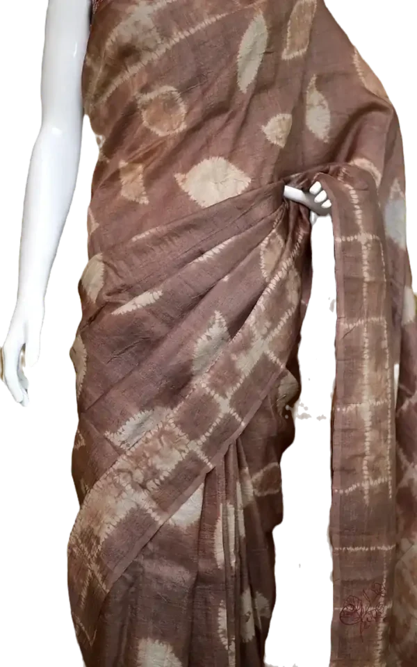 Saddle Brown Tie-Dye Shibori Print on Pure Gachi Tussar Silk Saree