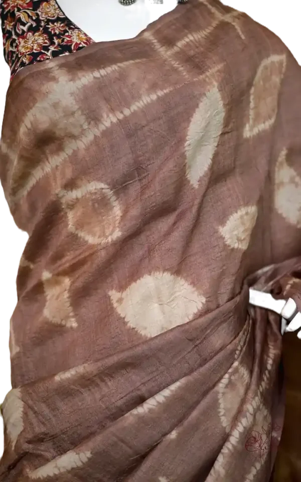 Saddle Brown Tie-Dye Shibori Print on Pure Gachi Tussar Silk Saree