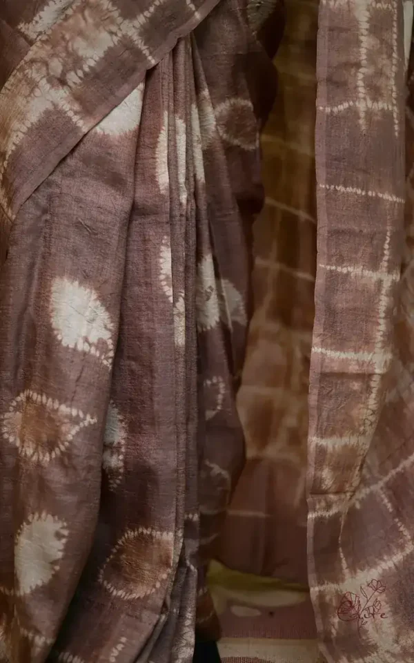 Saddle Brown Tie-Dye Shibori Print on Pure Gachi Tussar Silk Saree
