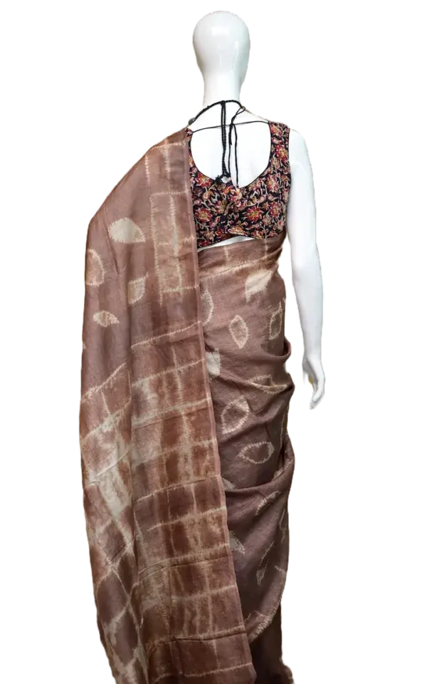 Saddle Brown Tie-Dye Shibori Print on Pure Gachi Tussar Silk Saree