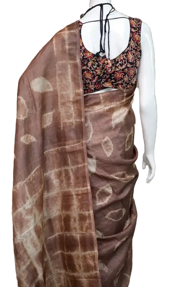 Saddle Brown Tie-Dye Shibori Print on Pure Gachi Tussar Silk Saree