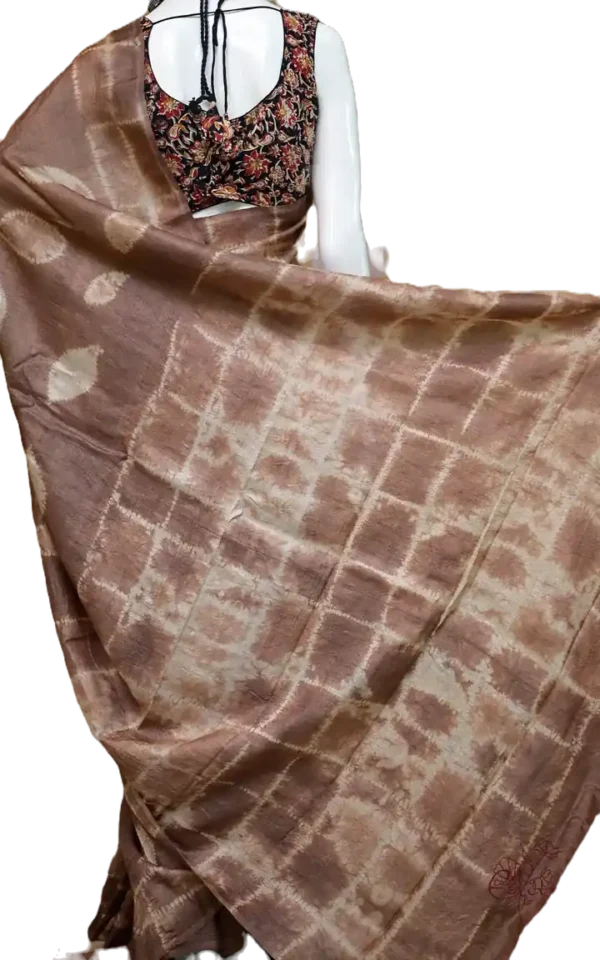 Saddle Brown Tie-Dye Shibori Print on Pure Gachi Tussar Silk Saree