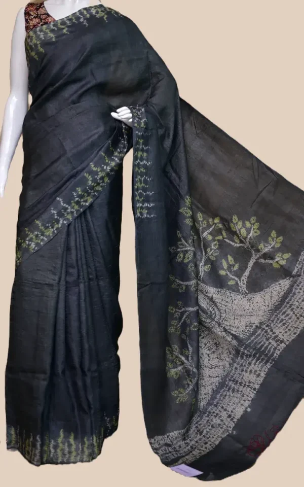 Dark Green Tie-Dye Shibori Print on Pure Gachi Tussar Silk Saree