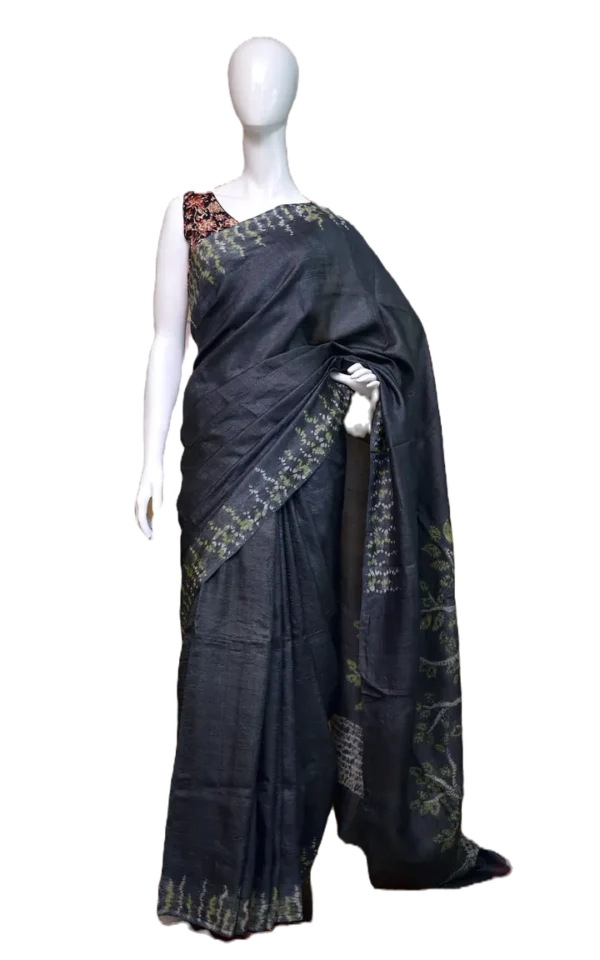 Dark Green Tie-Dye Shibori Print on Pure Gachi Tussar Silk Saree