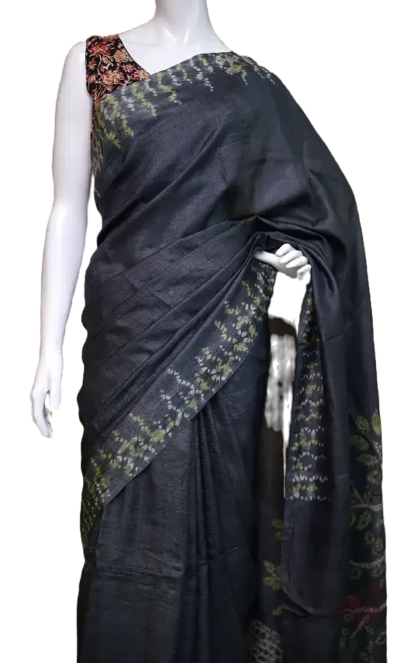 Dark Green Tie-Dye Shibori Print on Pure Gachi Tussar Silk Saree