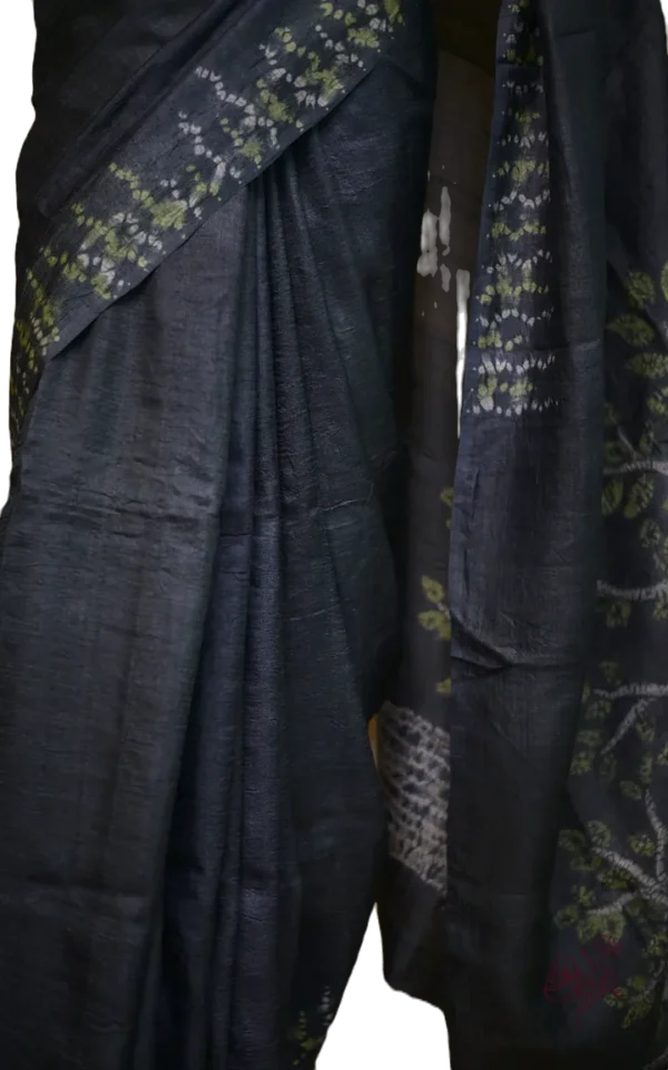 Dark Green Tie-Dye Shibori Print on Pure Gachi Tussar Silk Saree