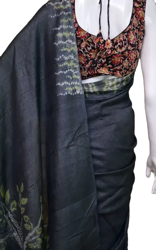 Dark Green Tie-Dye Shibori Print on Pure Gachi Tussar Silk Saree