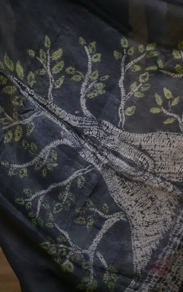 Dark Green Tie-Dye Shibori Print on Pure Gachi Tussar Silk Saree