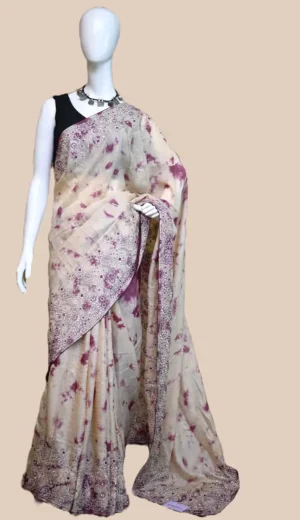 Off white with Wine Tie-Dye Shibori n Embroidary work on Gachi Tussar saree