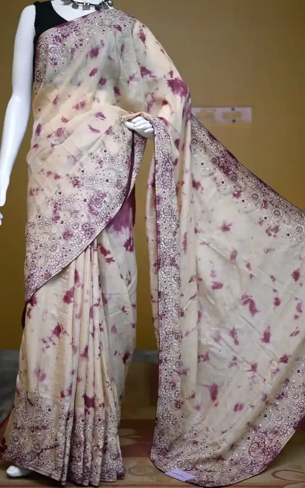 Off white with Wine Tie-Dye Shibori n Embroidary work on Gachi Tussar saree