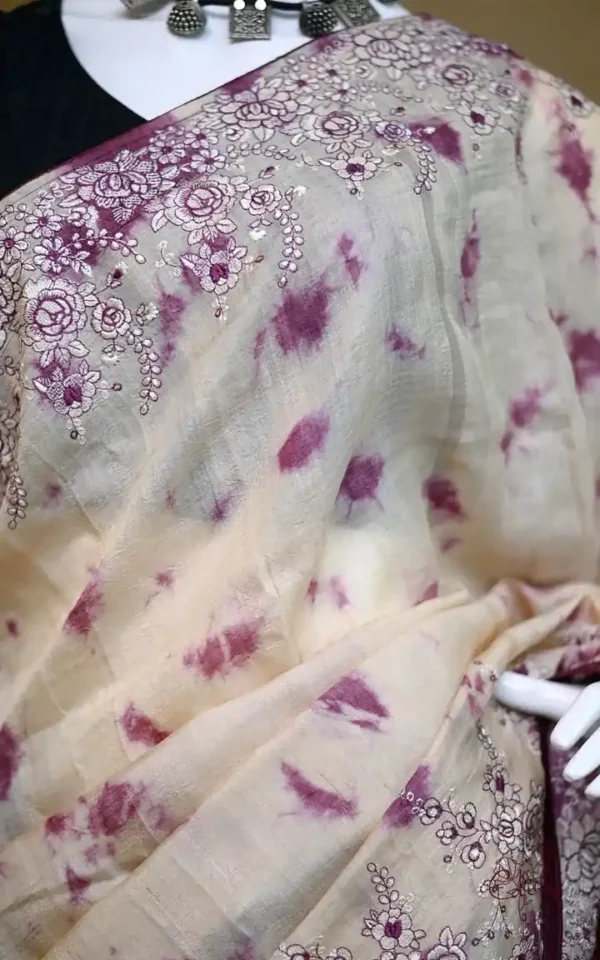 Off white with Wine Tie-Dye Shibori n Embroidary work on Gachi Tussar saree