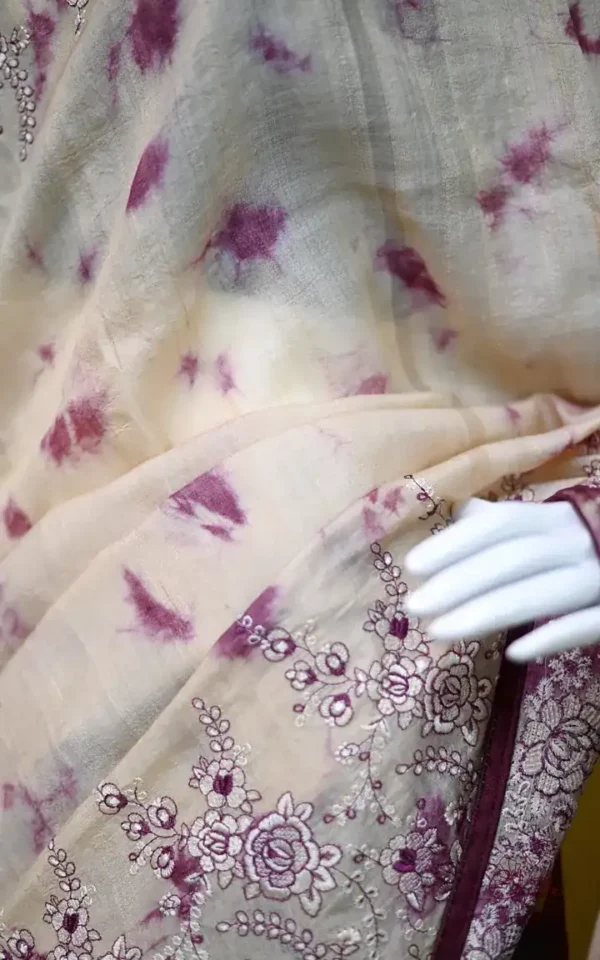 Off white with Wine Tie-Dye Shibori n Embroidary work on Gachi Tussar saree
