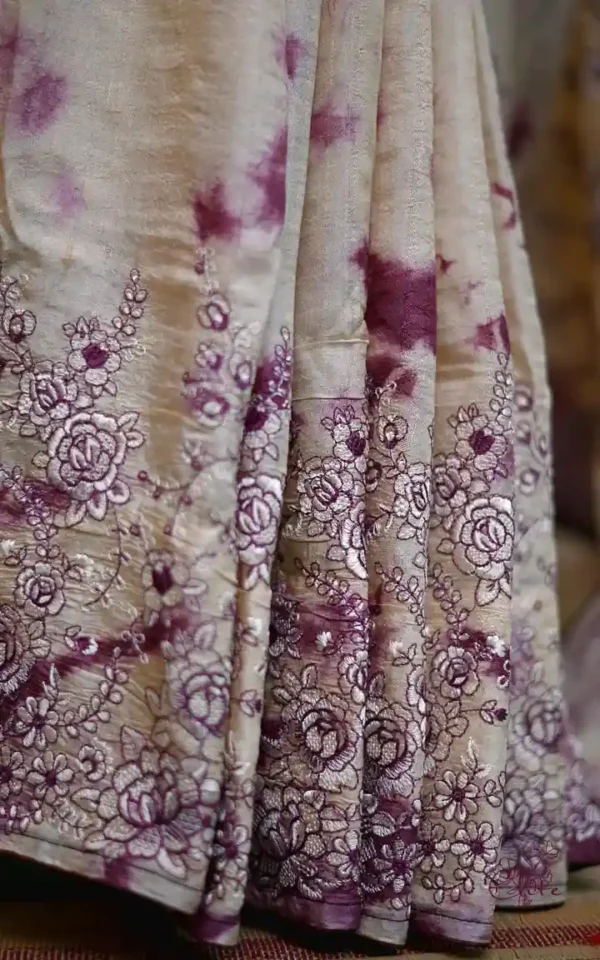 Off white with Wine Tie-Dye Shibori n Embroidary work on Gachi Tussar saree