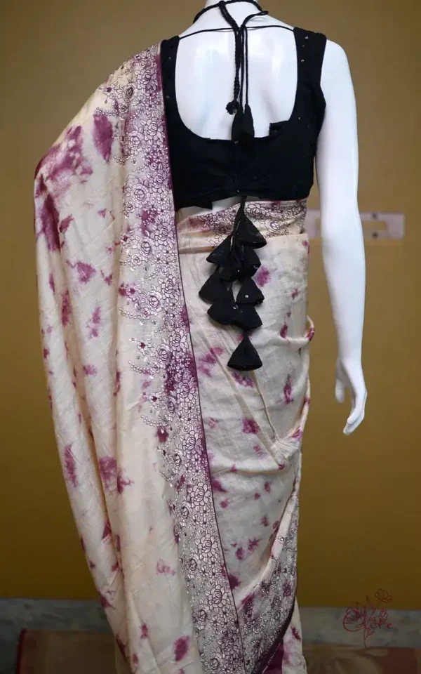 Off white with Wine Tie-Dye Shibori n Embroidary work on Gachi Tussar saree
