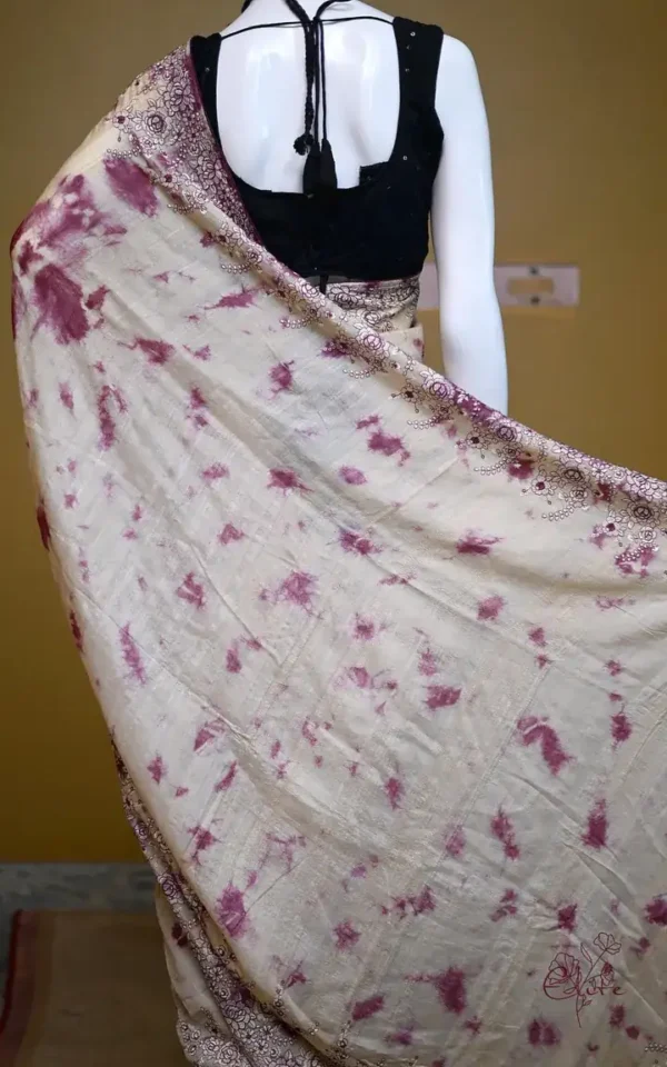 Off white with Wine Tie-Dye Shibori n Embroidary work on Gachi Tussar saree