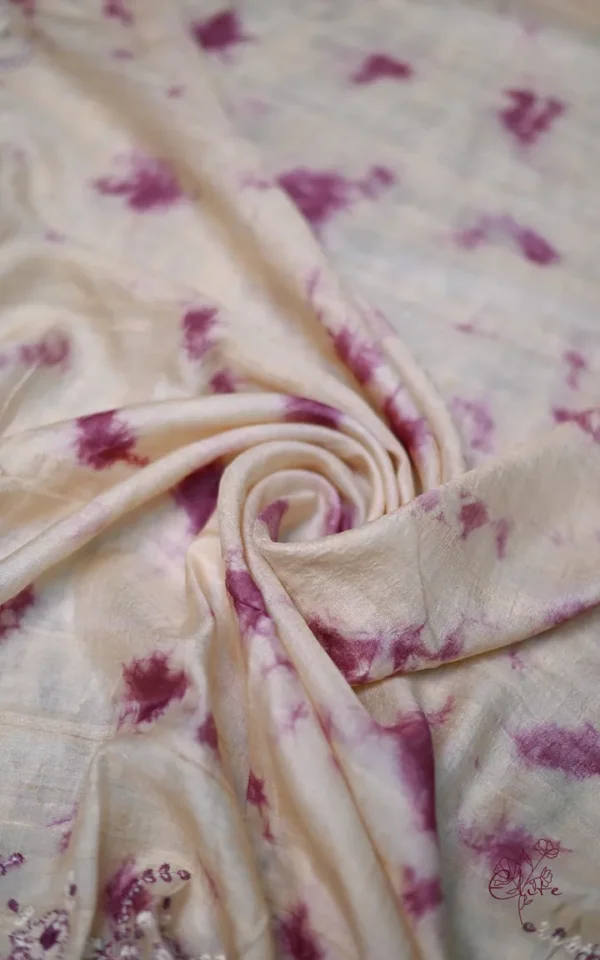 Off white with Wine Tie-Dye Shibori n Embroidary work on Gachi Tussar saree