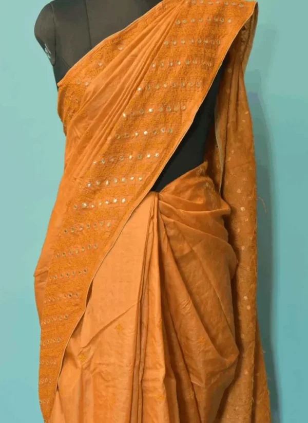 Gold color Gujrati mirror stitch work on Gachhi Tussar silk saree