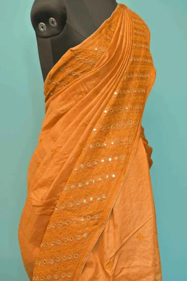 Gold color Gujrati mirror stitch work on Gachhi Tussar silk saree