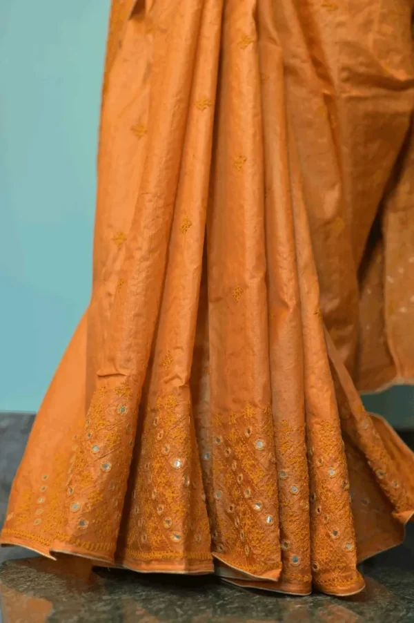 Gold color Gujrati mirror stitch work on Gachhi Tussar silk saree