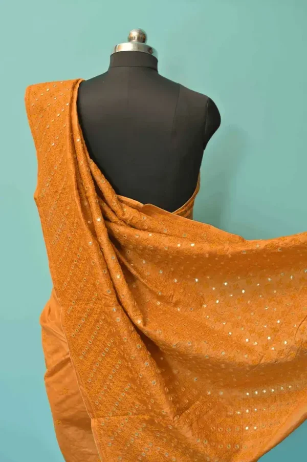 Gold color Gujrati mirror stitch work on Gachhi Tussar silk saree