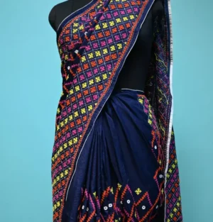 Navy Blue on multicolor Gujrati mirror stitch work on Gachhi Tussar silk saree