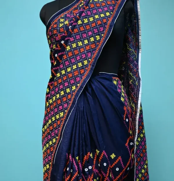 Navy Blue on multicolor Gujrati mirror stitch work on Gachhi Tussar silk saree