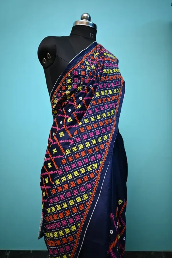 Navy Blue on multicolor Gujrati mirror stitch work on Gachhi Tussar silk saree
