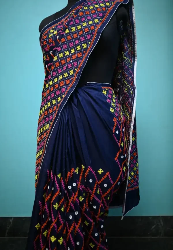 Navy Blue on multicolor Gujrati mirror stitch work on Gachhi Tussar silk saree