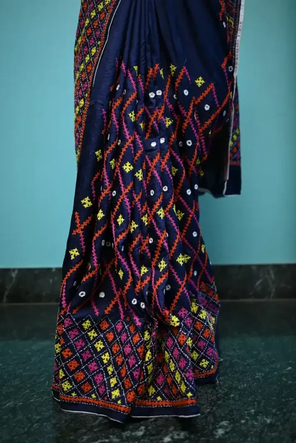 Navy Blue on multicolor Gujrati mirror stitch work on Gachhi Tussar silk saree
