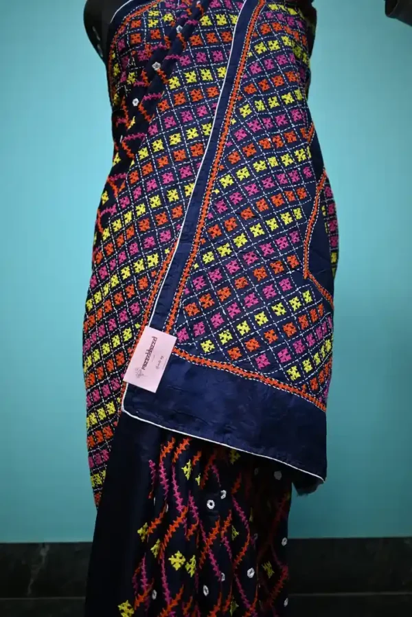 Navy Blue on multicolor Gujrati mirror stitch work on Gachhi Tussar silk saree