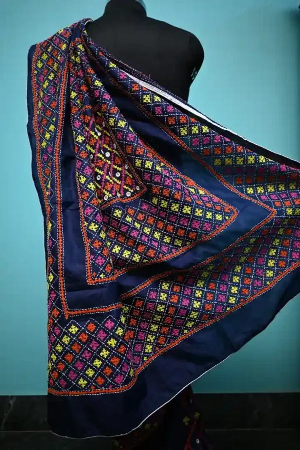 Navy Blue on multicolor Gujrati mirror stitch work on Gachhi Tussar silk saree