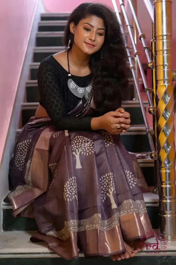 Blackberry Handblock Print Zari Border Pure Tussar Silk Saree