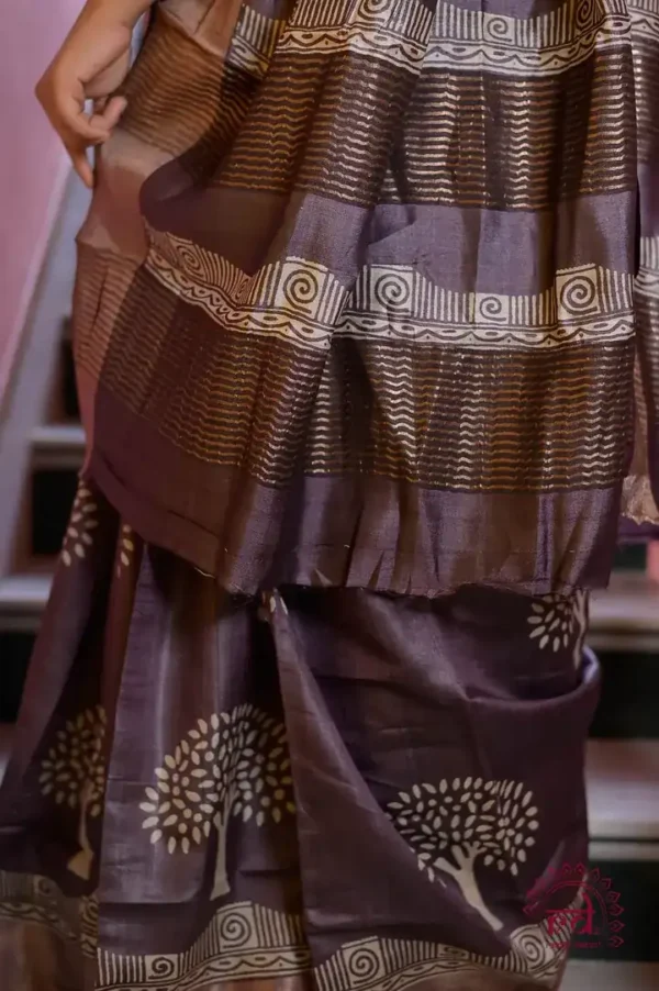 Blackberry Handblock Print Zari Border Pure Tussar Silk Saree