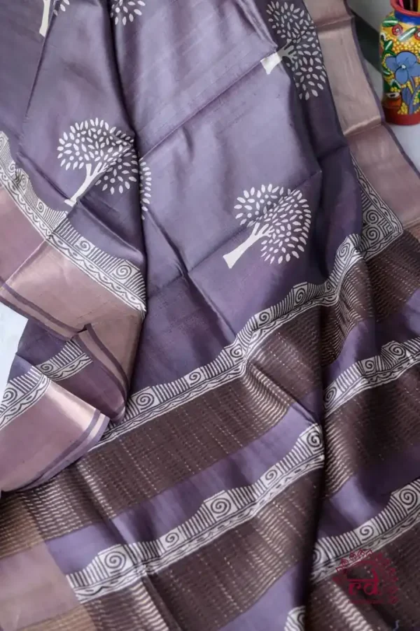 Blackberry Handblock Print Zari Border Pure Tussar Silk Saree