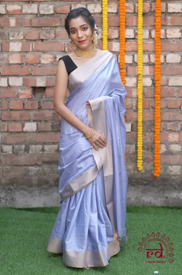 Ice Blue Handloom Zari Border Blended cotton Silk Saree