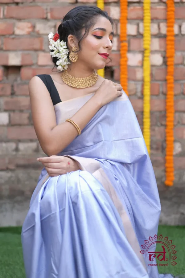 Ice Blue Handloom Zari Border Blended cotton Silk Saree