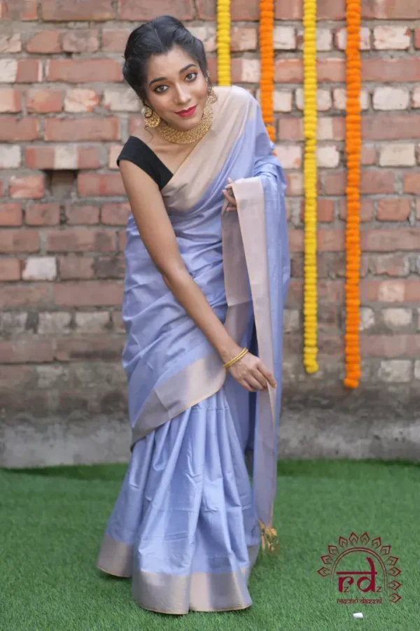 Ice Blue Handloom Zari Border Blended cotton Silk Saree