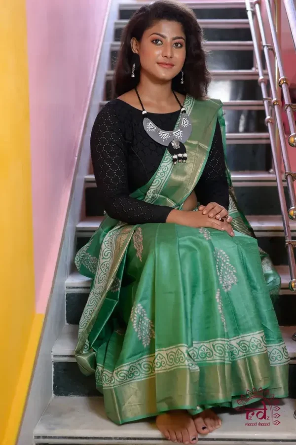 Emerald Green Handblock Print Zari Border Pure Tussar Silk Saree