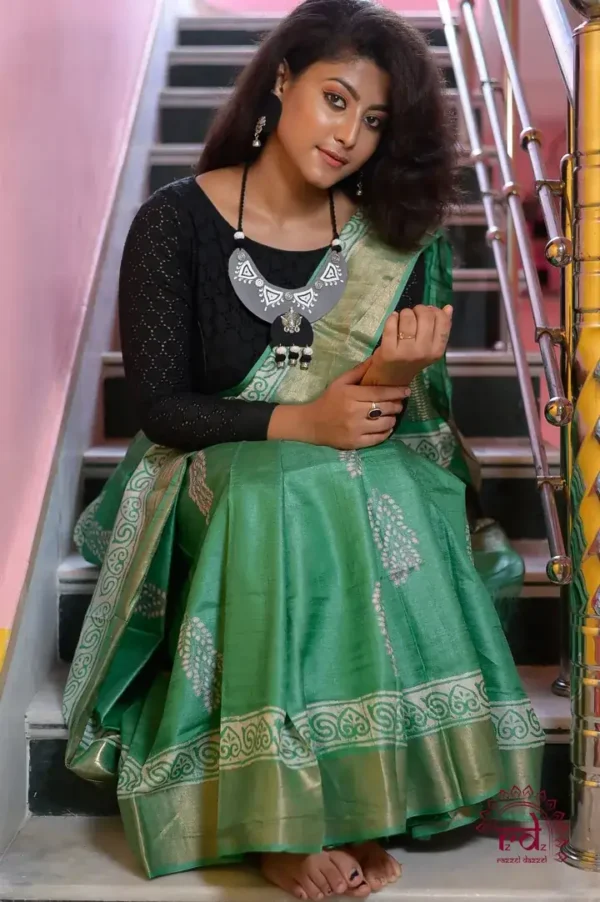 Emerald Green Handblock Print Zari Border Pure Tussar Silk Saree