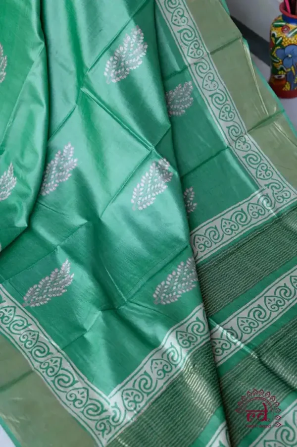 Emerald Green Handblock Print Zari Border Pure Tussar Silk Saree