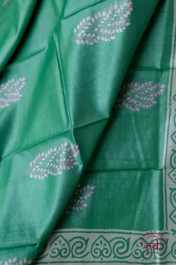 Emerald Green Handblock Print Zari Border Pure Tussar Silk Saree
