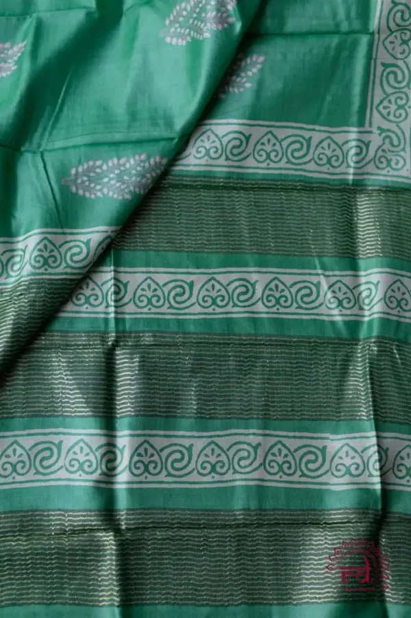 Emerald Green Handblock Print Zari Border Pure Tussar Silk Saree