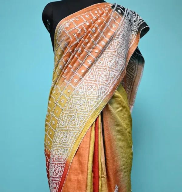 Light Orange on White Gujrati mirror stitch work on Gachhi Tusser Silk saree